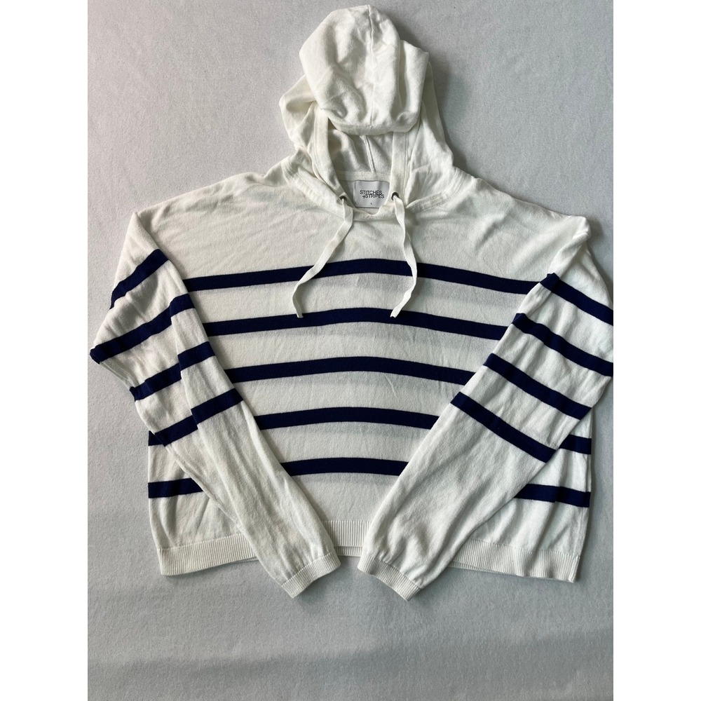 Stitches + Stripes Navy White Striped Cotton Knit Hoodie L Coastal Minimalist